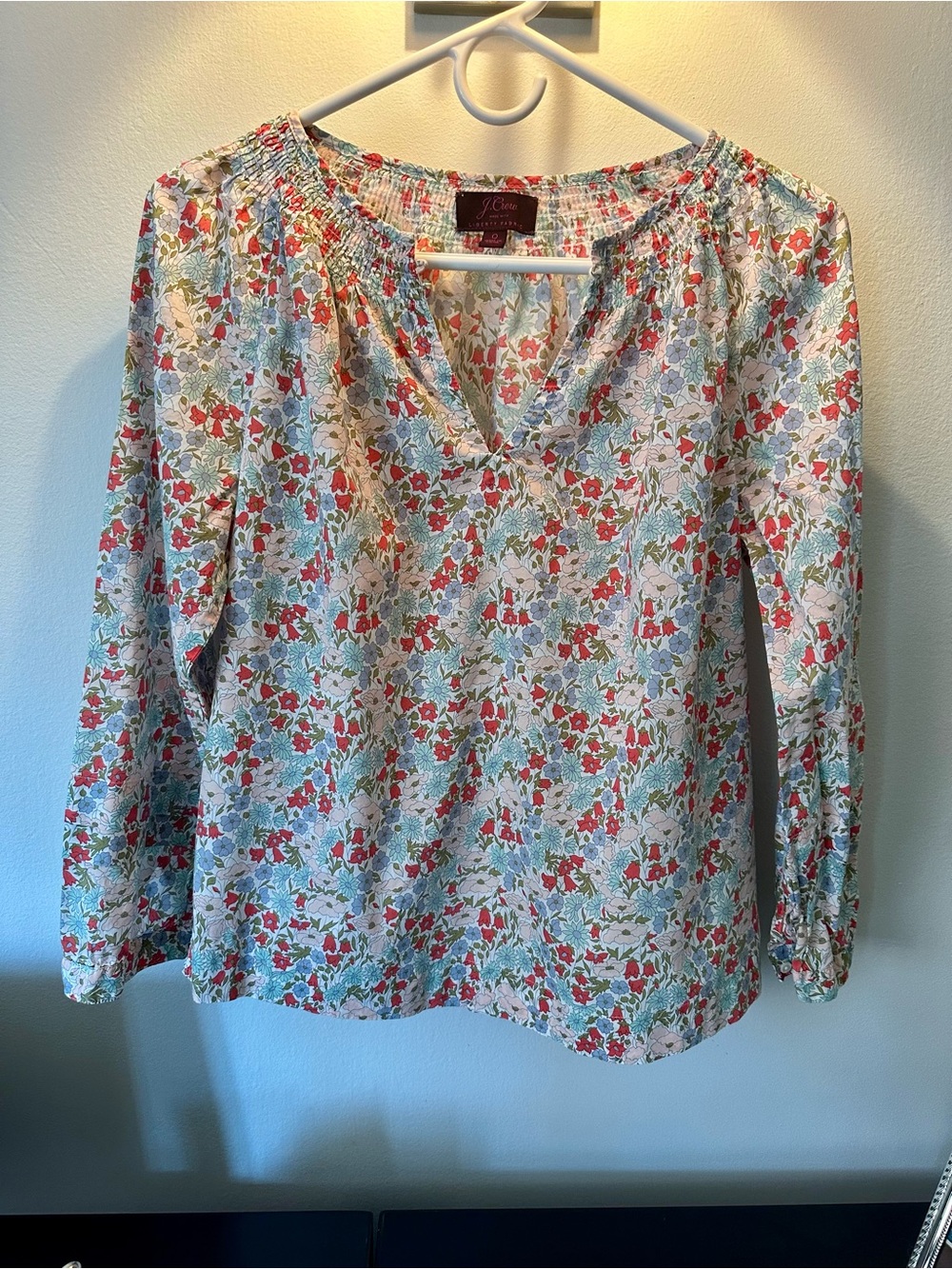 J. Crew Liberty Floral Peasant Blouse in White, Red & Blue